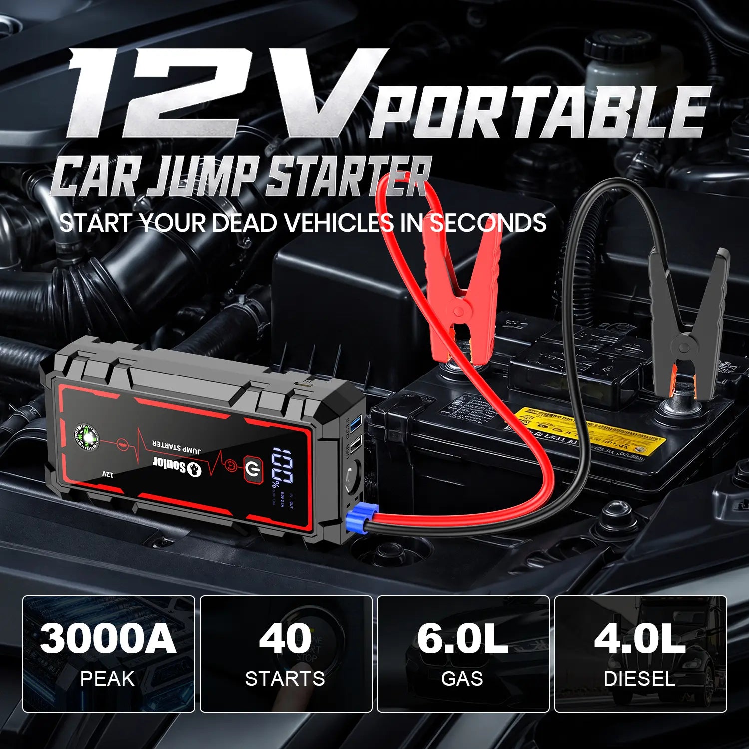 Car Jump Starter 8000Mah 3000A Portable Battery Booster for 12V Vehicles – Emergency Jump Starter Power Bank with LED Light, Compass & Phone Charging for Cars, Trucks & Farm Equipment