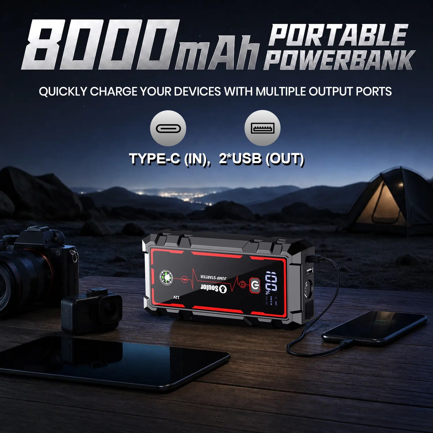 Car Jump Starter 8000Mah 3000A Portable Battery Booster for 12V Vehicles – Emergency Jump Starter Power Bank with LED Light, Compass & Phone Charging for Cars, Trucks & Farm Equipment