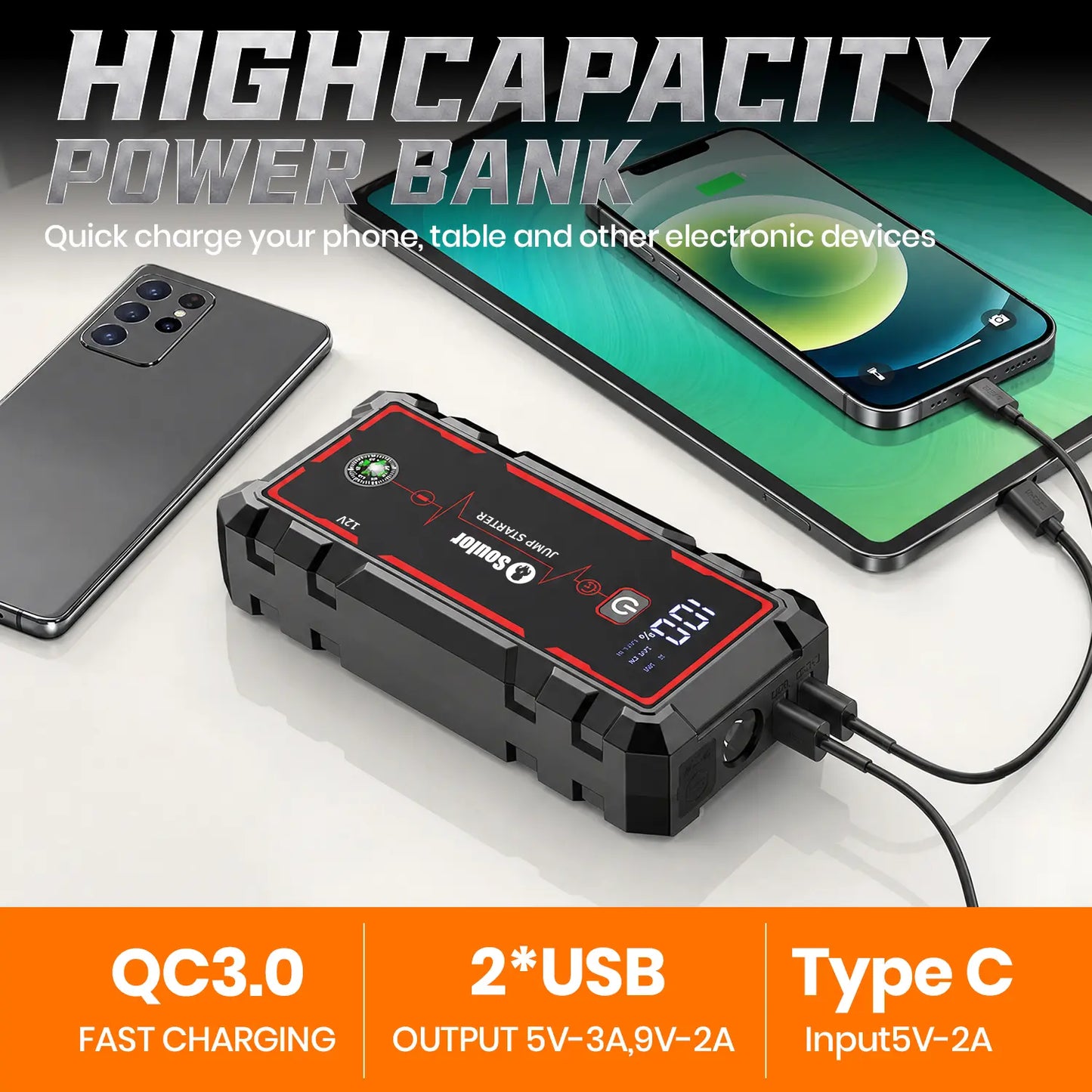 Car Jump Starter 8000Mah 3000A Portable Battery Booster for 12V Vehicles – Emergency Jump Starter Power Bank with LED Light, Compass & Phone Charging for Cars, Trucks & Farm Equipment